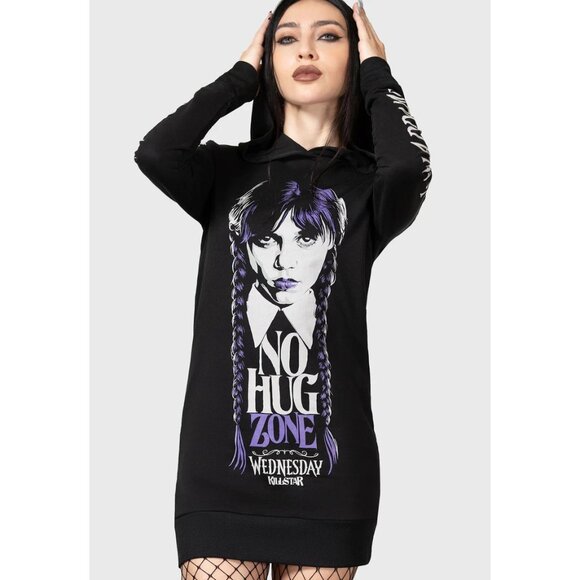 Killstar x Wednesday Collab Longline Hoodie Sz M L XL No Hug Zone Addams Family - Picture 3 of 5